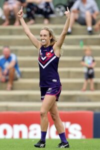 Lisa Webb Celebrates after scoring a goal in the round 3 clash between Fremantle and Melbourne on February 18 2018